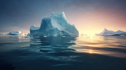 Icebergs floating at sea during sunset.