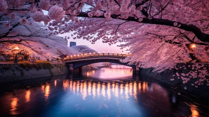 Rolgordijnen 都会の夜桜,、満開の桜と川と橋の風景 © tota