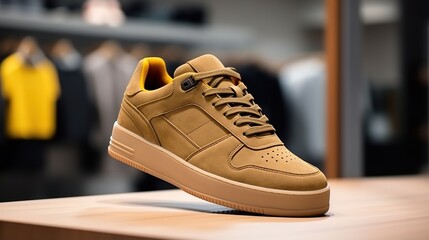 Stylish tan sneaker on retail display