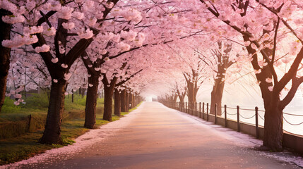 桜並木、満開の桜と公園の散歩道の風景