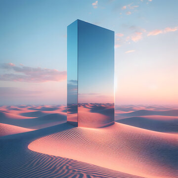 mirror monolith standing in the desert, rectangle shape mirror desert, light blue and pink sky, 3d renderd surreal, digital art, photorealistic ai genarated image
