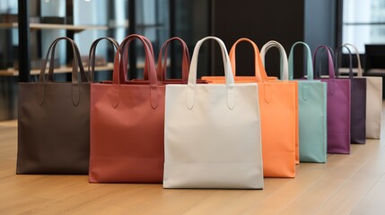Assorted colorful shopping bags on display