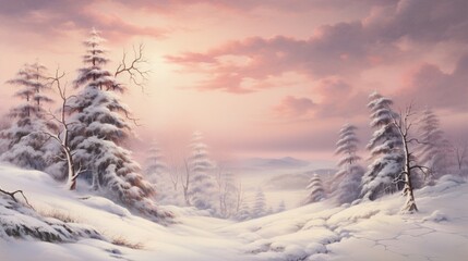 A serene winter landscape with snow-covered trees and a soft, pastel-colored sky, evoking a sense of tranquility.