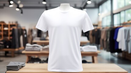 White T-shirt on a mannequin in a clothing store - obrazy, fototapety, plakaty