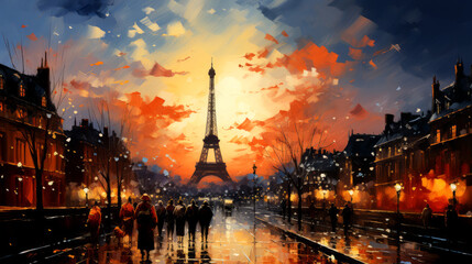Eiffel Tower in Paris, France. Digital painting illustration. - obrazy, fototapety, plakaty