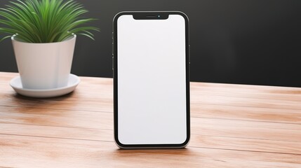 Smartphone with blank screen on wooden table