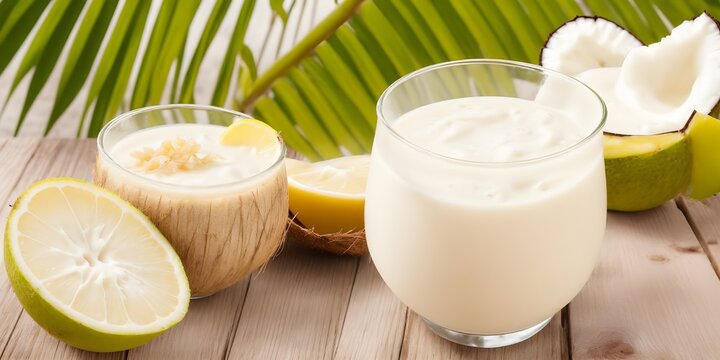 Tropical Ponche, Coconut Milk, creamy texture, rum on the wooden table bokeh lights background with copy space