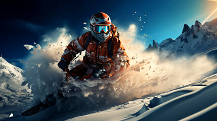 Snowboarder in helmet and goggles jumping high in mountains.