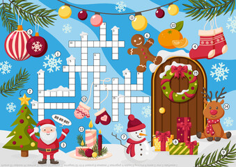 Vector new year crossword, christmas colorful puzzle for children. Educational game with winter vocabulary with answers. Holiday crossword worksheet for kids