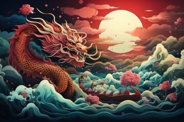 paper cut style chinese dragon illustration In the Chinese New Year theme - obrazy, fototapety, plakaty