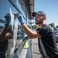 worker use scaraper cleaning window before installing tinting window film. - obrazy, fototapety, plakaty
