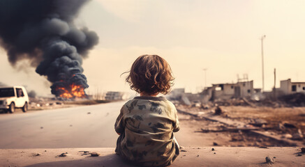 Rear view of orphan child seated at city street with demolished buildings and burning cars during war conflict - obrazy, fototapety, plakaty