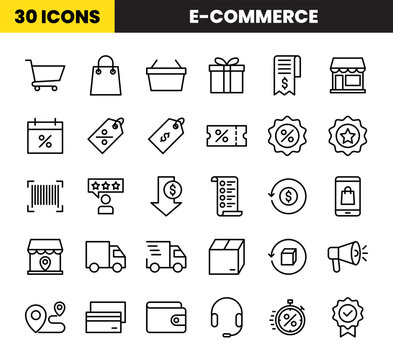 E-commerce Icon Set in Outline Style. Contains such Icons as Shopping Cart, Bag, Basket, Gift, Bill, List, Invoice, Store, Discout, Price, Sale, Tag, Badge, Truck Delivery, Customer Review, and More.