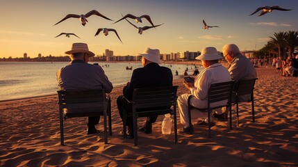 Photo taken from behind of a group of seniors relaxing on the beach.