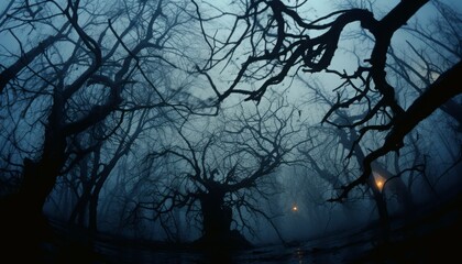 Cinematic Shot of Spooky Tree Branches - Eerie and Baroque Atmosphere Captured with a Disposable Camera. A Unique Perspective Adding a Touch of Mystery and Drama to Nature Photography.