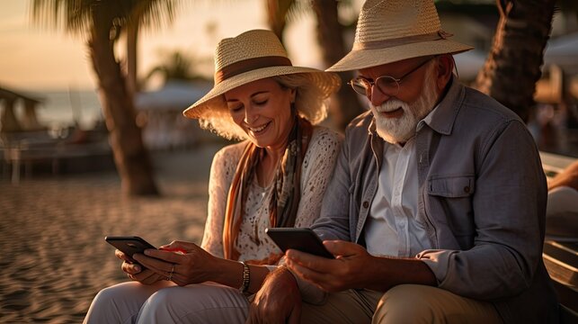 Couple seniors check smartphone
