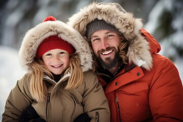 Obraz premium Family photo in winter clothes against a snowy backdrop