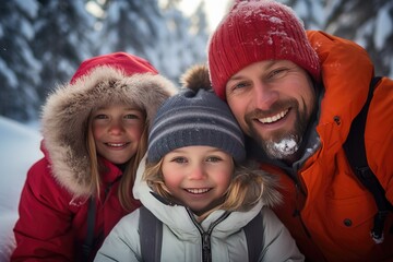 Family photo in winter clothes against a snowy backdrop