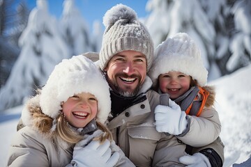 Fototapeta premium Family photo in winter clothes against a snowy backdrop