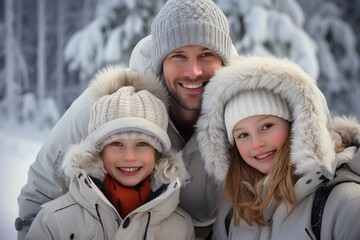 Fototapeta premium Family photo in winter clothes against a snowy backdrop