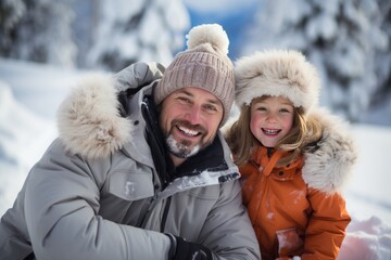Fototapeta premium Family photo in winter clothes against a snowy backdrop