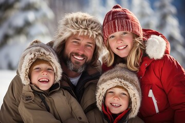 Family photo in winter clothes against a snowy backdrop