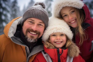 Obraz premium Family photo in winter clothes against a snowy backdrop