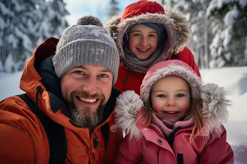 Fototapeta na wymiar Family photo in winter clothes against a snowy backdrop