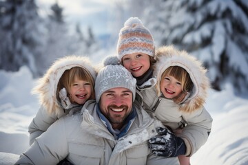 Fototapeta na wymiar Family photo in winter clothes against a snowy backdrop