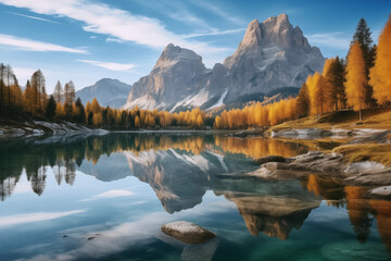 Autumn view of Lake Federa in Dolomites at sunset