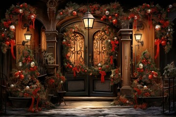 Fototapeta premium Christmas Decorated Doors - Generative AI
