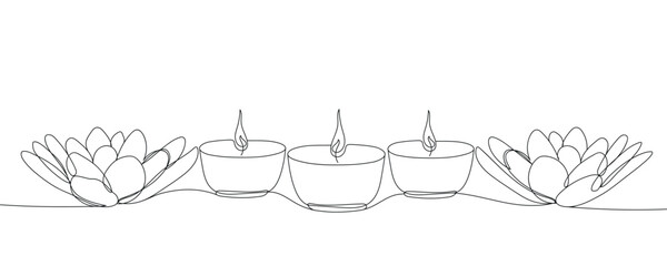 Three candles and lotuses contour drawing banner. Vector continuous one line drawing oil lamps for diwali festival in silhouette isolated on a white background. Diwali outline illustration