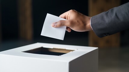 A hand dropping a ballot into a voting box, symbolizing civic engagement and the democratic process of choosing government officials at various levels, including government, municipality. - obrazy, fototapety, plakaty
