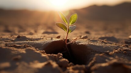 Plant growing in soil, closeup. Young sprout in dry ground. 