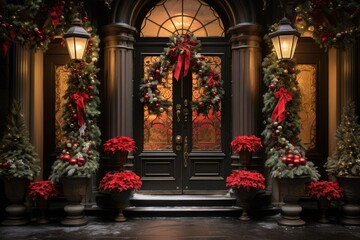 Fototapeta premium Christmas Decorated Doors - Generative AI