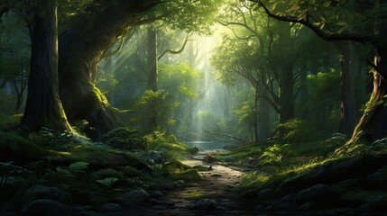 A tranquil forest scene with sunlight filtering through the lush green canopy, creating a serene...