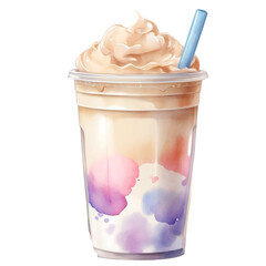 Watercolor illustration of  cute kawaii milk tea. Creative graphics design.