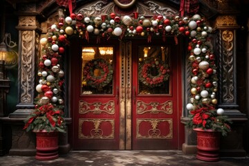 Fototapeta premium Christmas Decorated Doors - Generative AI