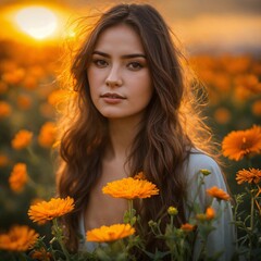 Naklejka premium girl in a poppy field donna matura che odorare delicatamente i fiori di calendula sotto il sole al tramonto.