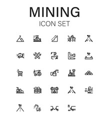 Set of 24 outlinedicons representing diverse facets of the mining industry. Streamlined and modern line art icon collection.