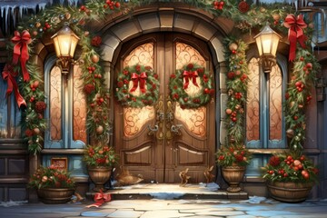 Fototapeta premium Christmas Decorated Doors - Generative AI