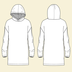 Women's Long hoodie. Dress in technical fashion illustration with front pocket detail. Flat apparel dress template front and back, white color. Women's CAD mock-up.