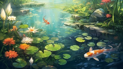 Fototapeta na wymiar A tranquil garden pond with koi fish swimming beneath lily pads, creating a harmonious and serene aquatic scene.