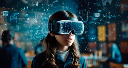 Smart curious school girl pupil with VR glasses googles studying the neural connections of the brain in a classroom at school. Simulation science. Female student uses a virtual reality headset to - obrazy, fototapety, plakaty