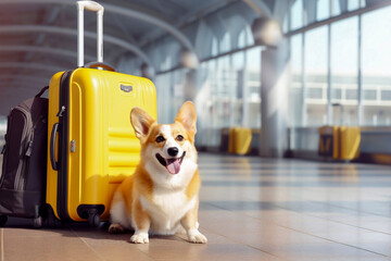 Adorable cute  Corgi  going on vacation, standing next to yellow suitcase  on  background of airport. Vacation and Travel concept - obrazy, fototapety, plakaty