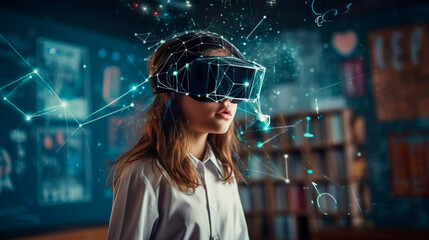 Smart curious schoolgirl pupil with VR glasses googles studying the neural connections of the brain in a classroom at school. Simulation science. Student uses a virtual reality headset to study - obrazy, fototapety, plakaty