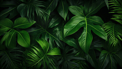 closeup nature view of green leaf and palms background. abstract green leaf texture, nature dark tone background, tropical leaf.  - obrazy, fototapety, plakaty