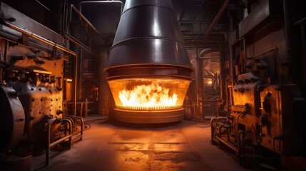 Fiery furnace with vivid, intense orange and yellow flames dancing in sharp focus. Dark, cavernous interior with flickering shadows, surrounded by heavy, industrial-grade steel