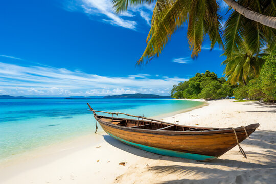 A canoe on the shore of a tropical island
