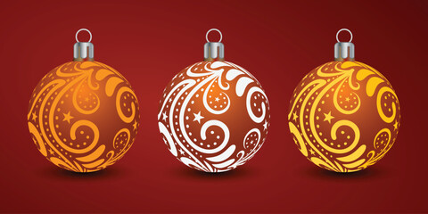 Set of shiny, glowing gold Christmas balls. Exclusive concept, hand-drawn, and highly rendered work for the upcoming Christmas.